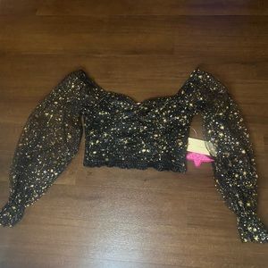 NWT Black/Gold Long Sleeve Sheer Sleeve Star Crop Top Eras Tour